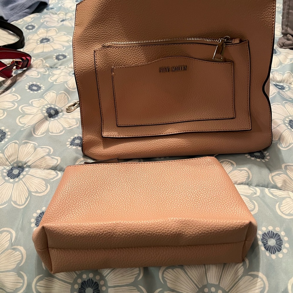 Pink Steve Madden purse with inner bag, cross body strap, and Buxton wallet.